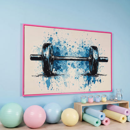 Abstract Weightlifting Canvas. Navy and Umber Gym Art in pink floating frame