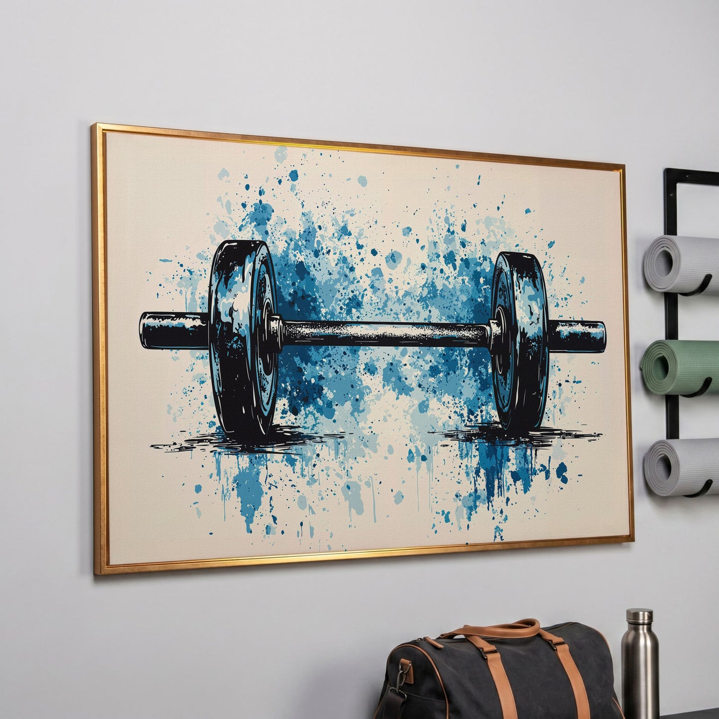 Abstract Weightlifting Canvas. Navy and Umber Gym Art in rose gold floating frame