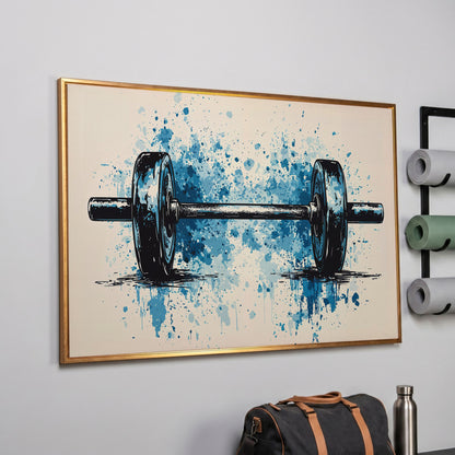 Abstract Weightlifting Canvas. Navy and Umber Gym Art in rose gold floating frame