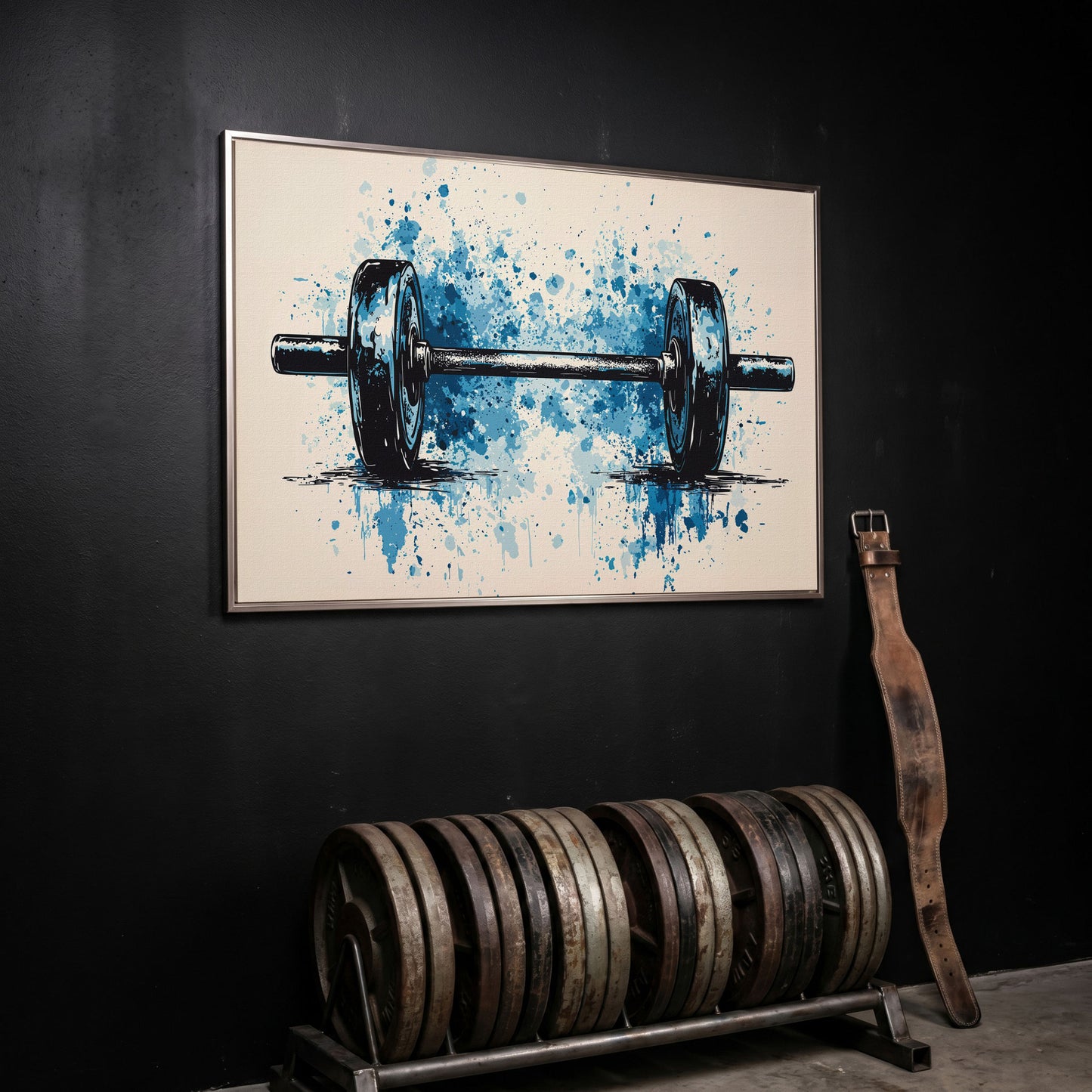 Abstract Weightlifting Canvas. Navy and Umber Gym Art in silver floating frame