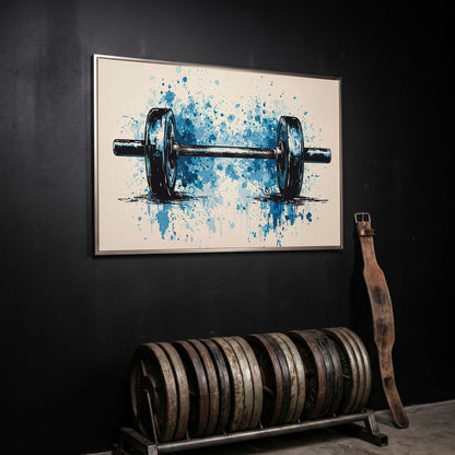Abstract Weightlifting Canvas. Navy and Umber Gym Art in silver floating frame