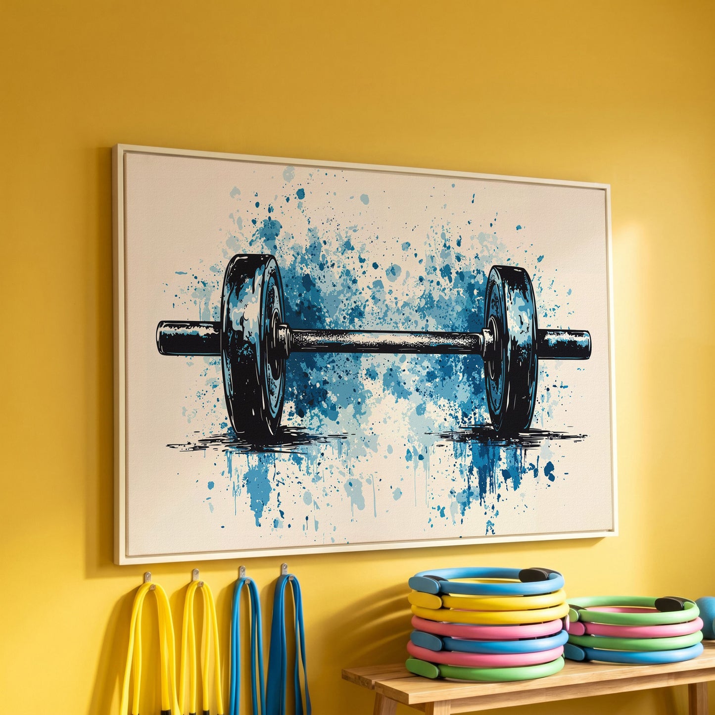 Abstract Weightlifting Canvas. Navy and Umber Gym Art in white floating frame