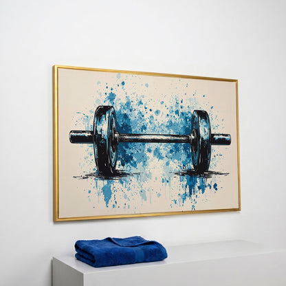 Abstract Weightlifting Canvas. Navy and Umber Gym Art in yellow gold floating frame