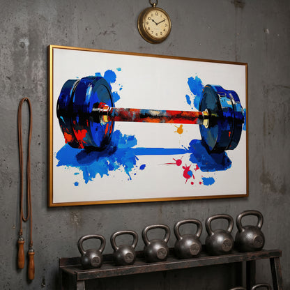Colorful Dumbbell Canvas Print for Home Gym Walls in antique gold floating frame