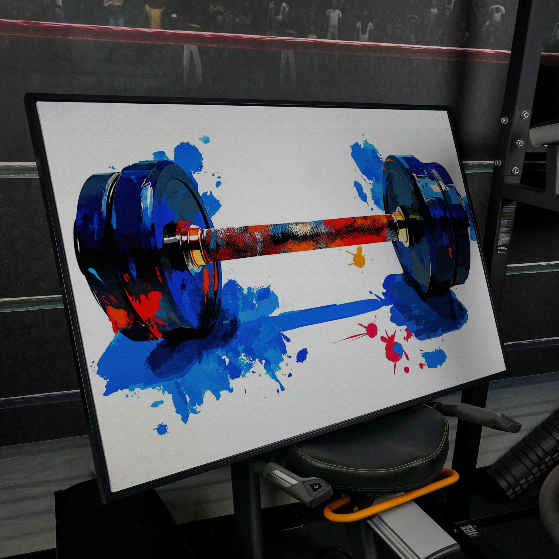 Colorful Dumbbell Canvas Print for Home Gym Walls in black floating frame