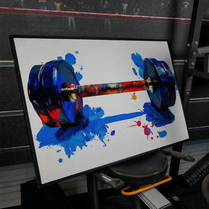 Colorful Dumbbell Canvas Print for Home Gym Walls in black floating frame