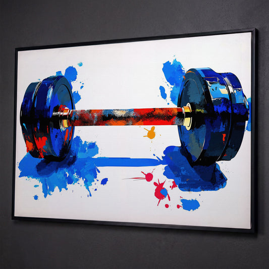 Colorful Dumbbell Canvas Print for Home Gym Walls shown in black floating frame