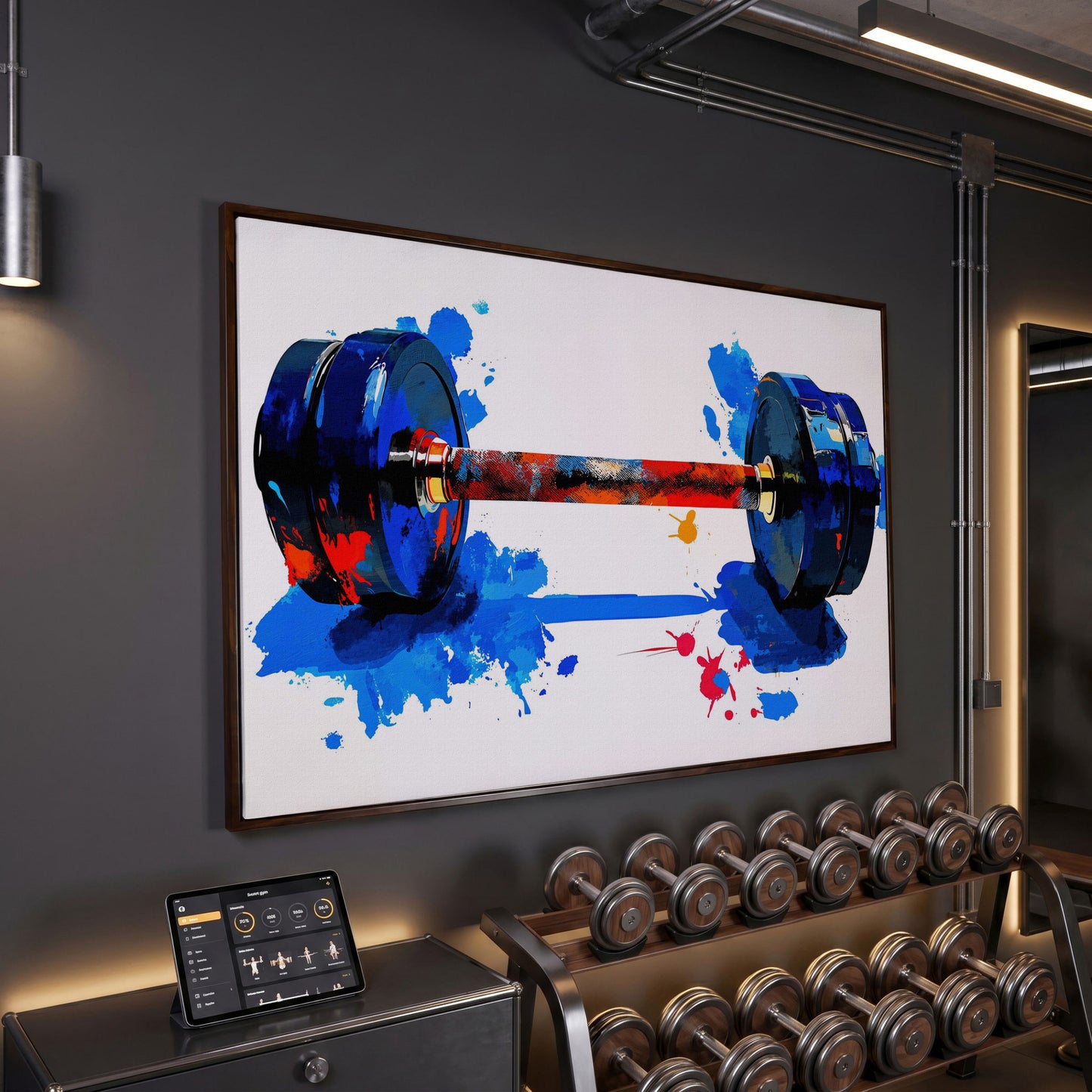 Colorful Dumbbell Canvas Print for Home Gym Walls in dark walnut floating frame