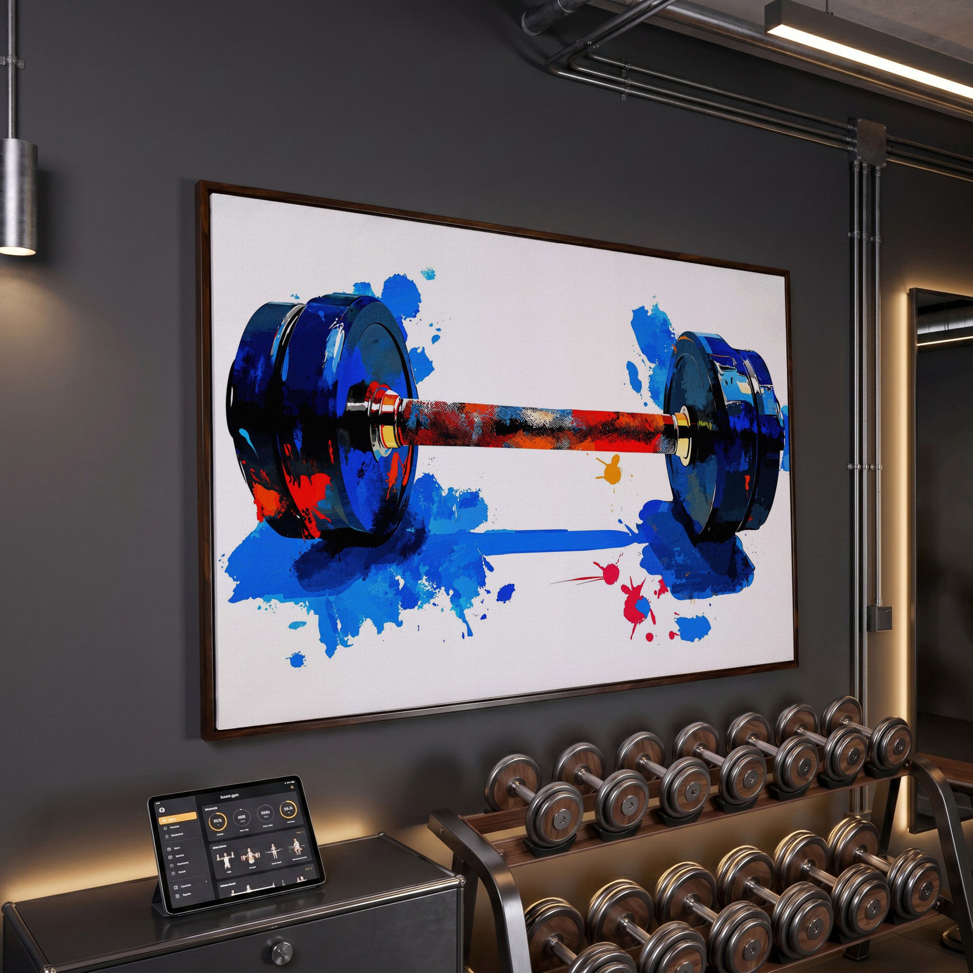 Colorful Dumbbell Canvas Print for Home Gym Walls in dark walnut floating frame