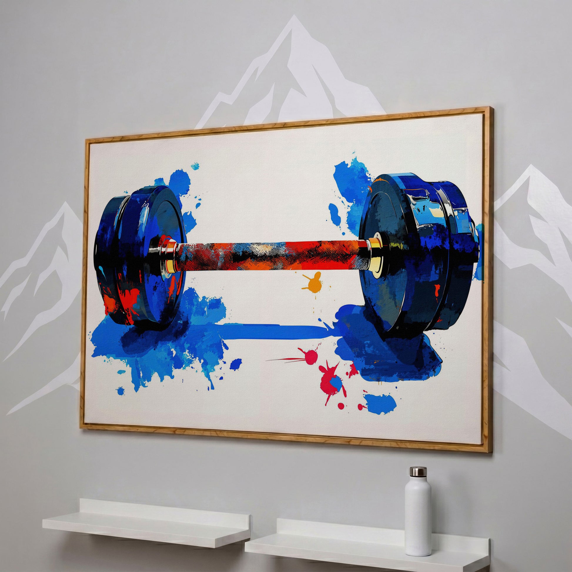 Colorful Dumbbell Canvas Print for Home Gym Walls in white oak floating frame