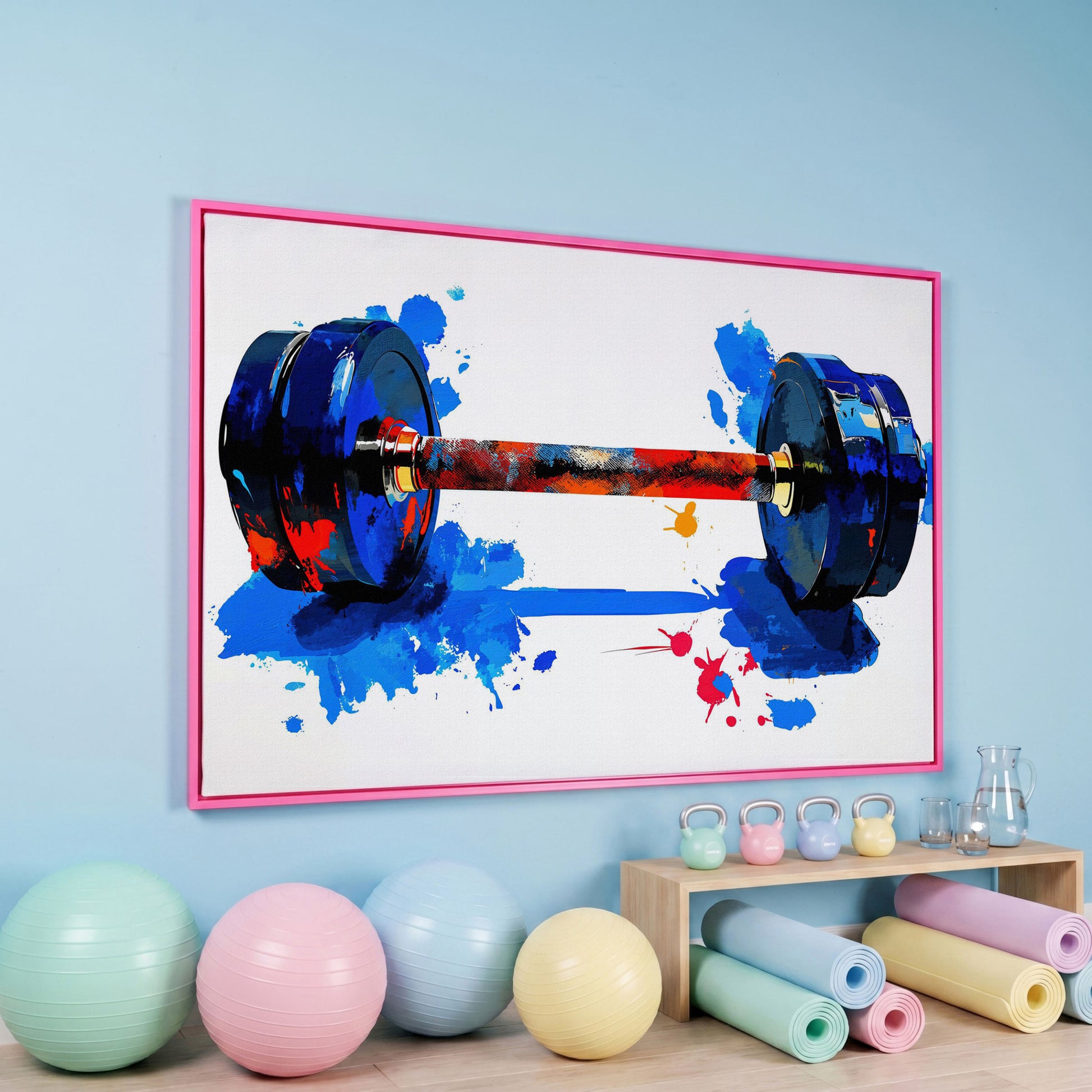 Colorful Dumbbell Canvas Print for Home Gym Walls in pink floating frame