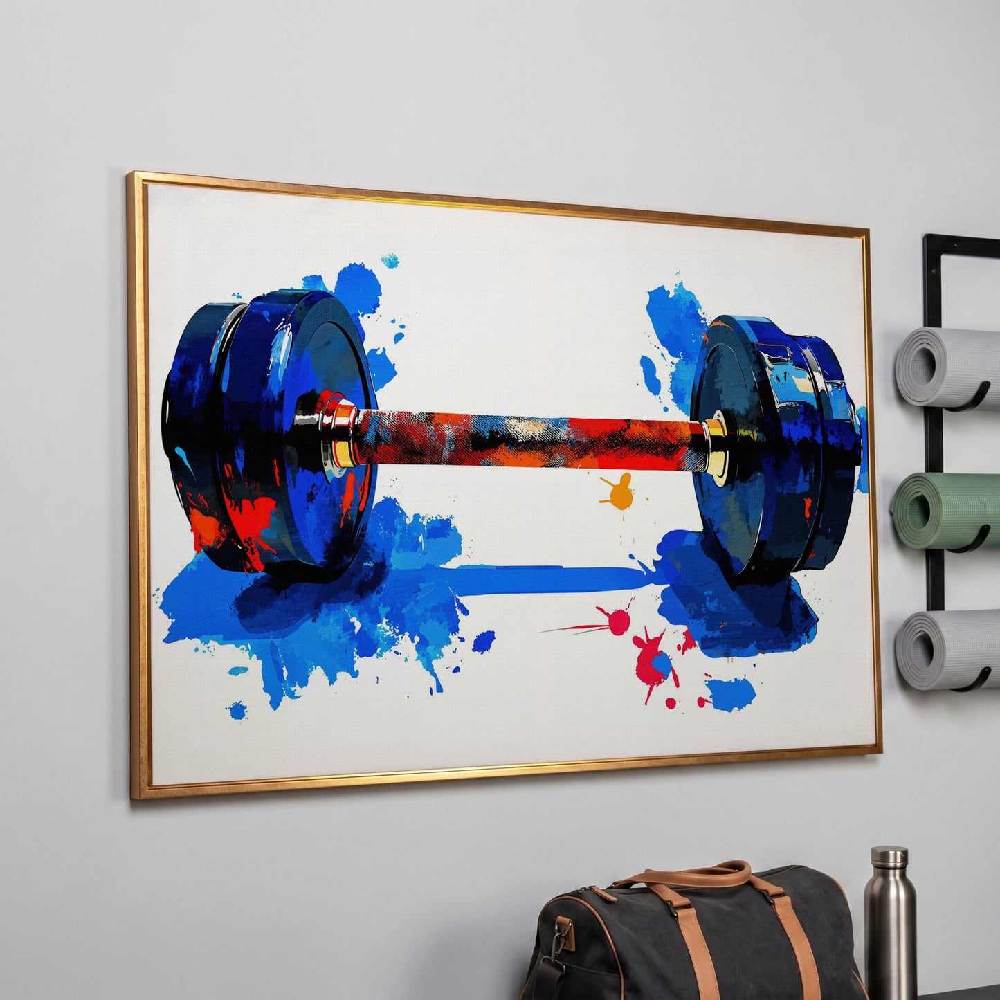 Colorful Dumbbell Canvas Print for Home Gym Walls in rose gold floating frame