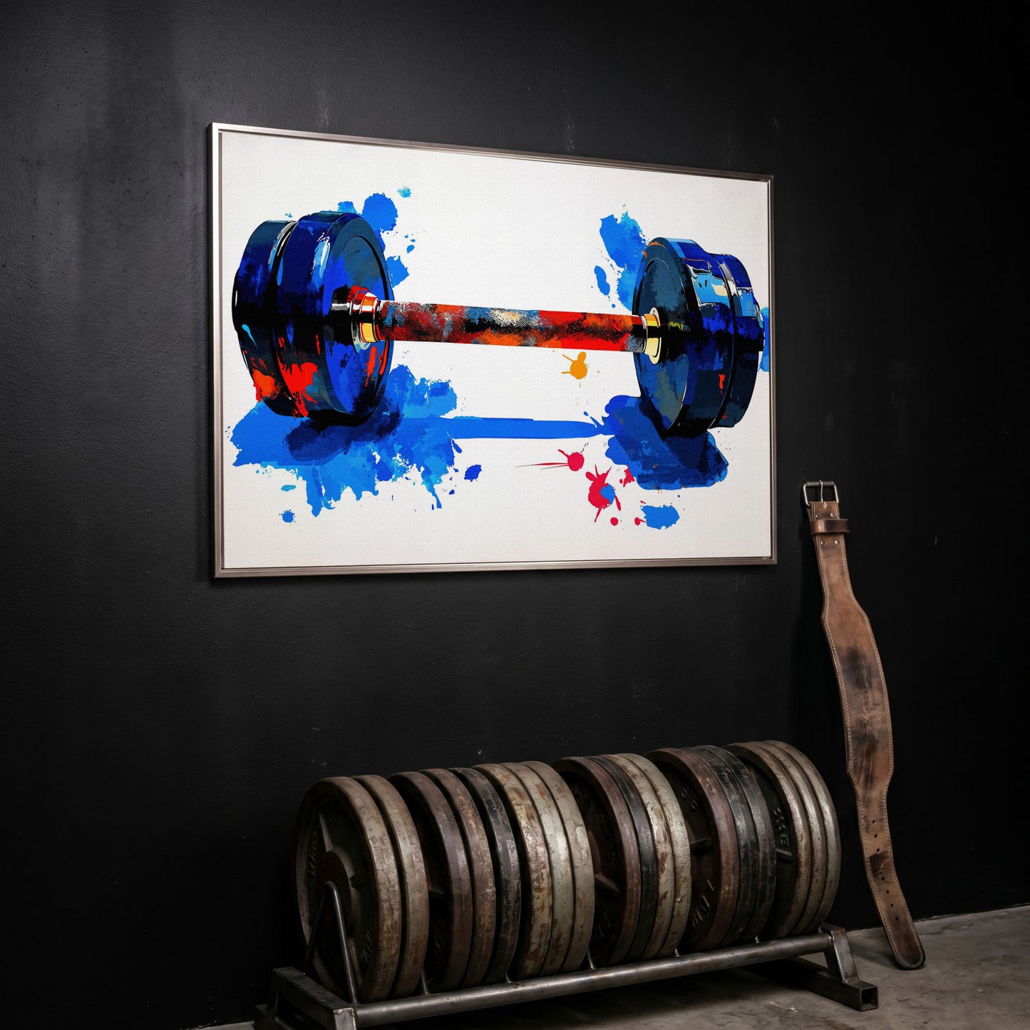 Colorful Dumbbell Canvas Print for Home Gym Walls in silver floating frame