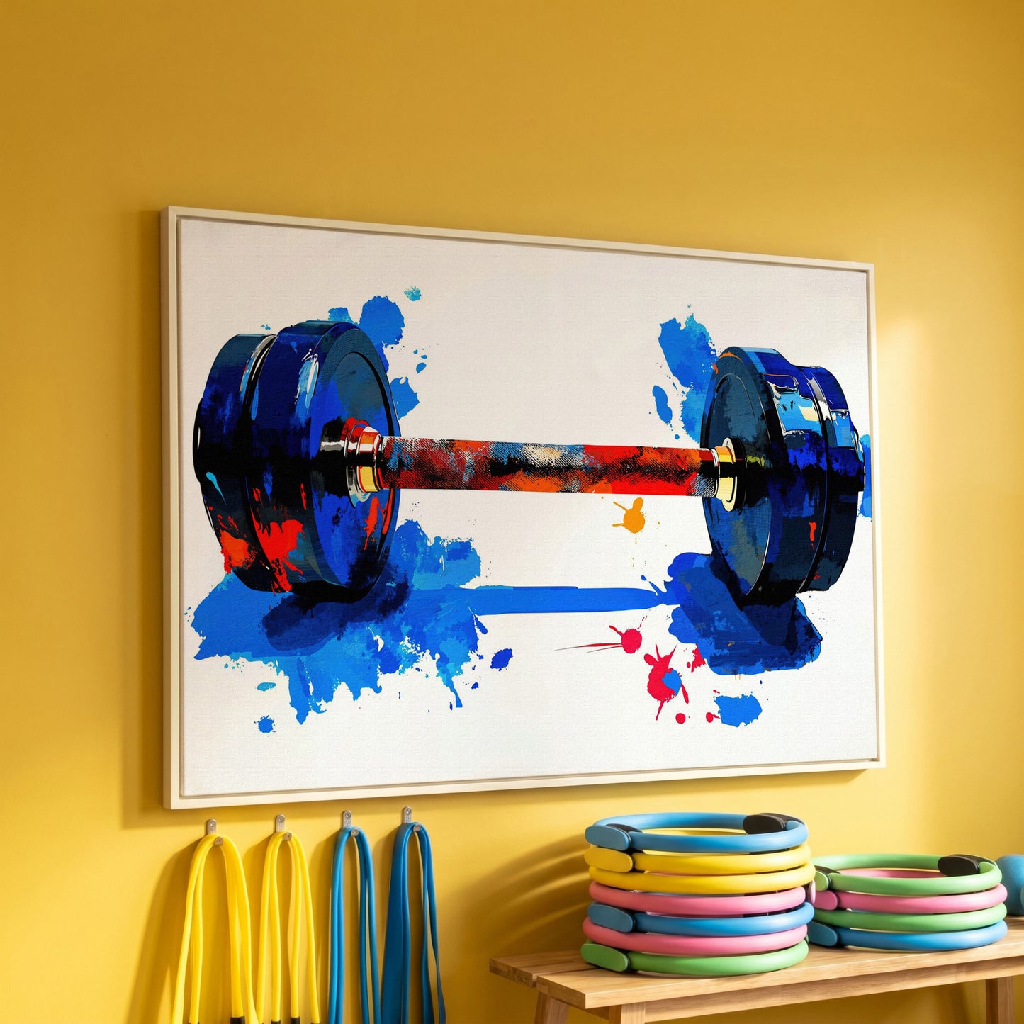 Colorful Dumbbell Canvas Print for Home Gym Walls in white floating frame