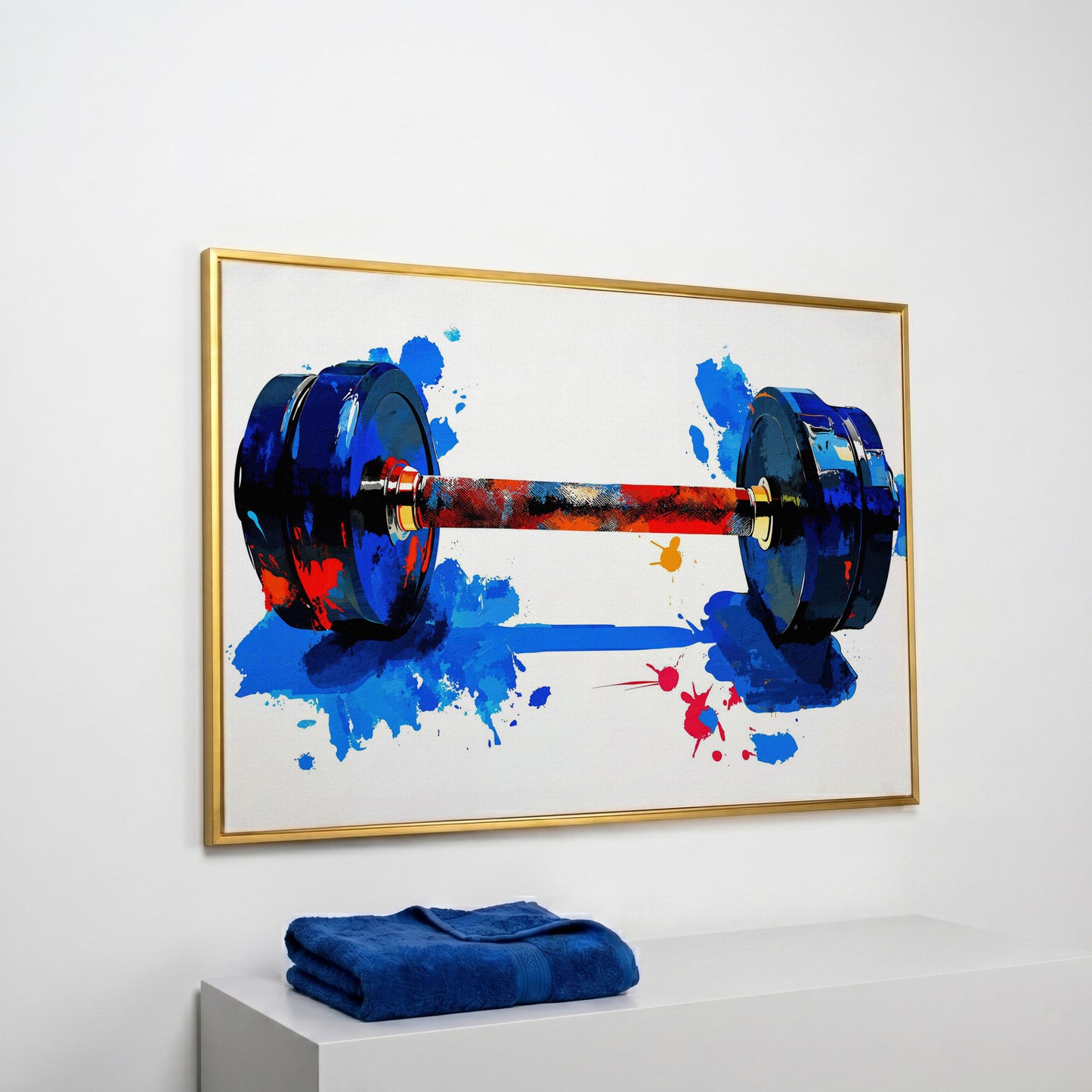 Colorful Dumbbell Canvas Print for Home Gym Walls in yellow gold floating frame