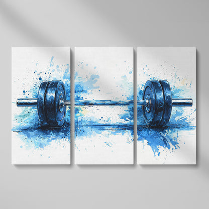 Motivational Workout Barbell Canvas Print in Crimson and Gold as 3-panel split version