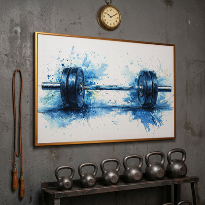 Motivational Workout Barbell Canvas Print in Crimson and Gold in antique gold floating frame