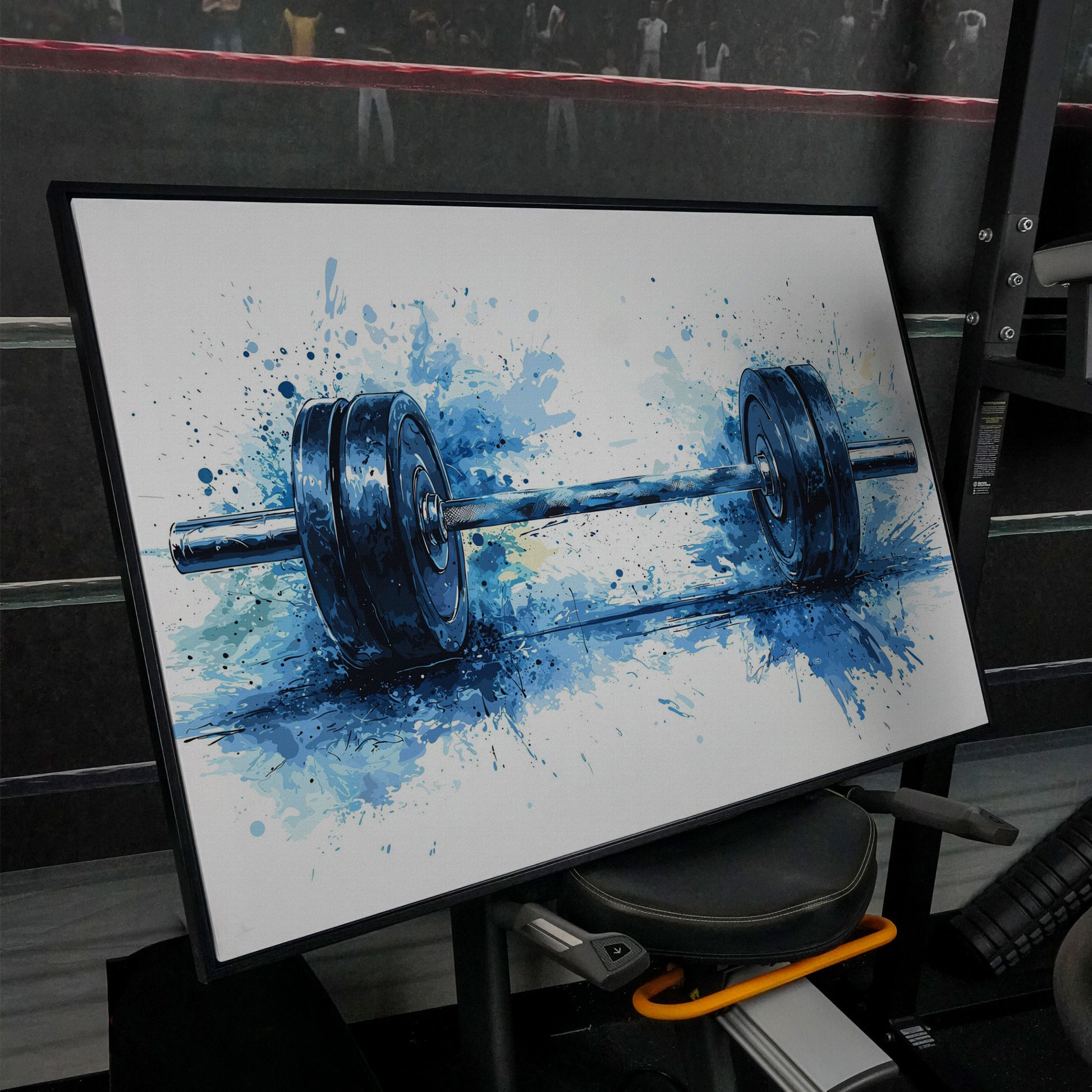 Motivational Workout Barbell Canvas Print in Crimson and Gold in black floating frame