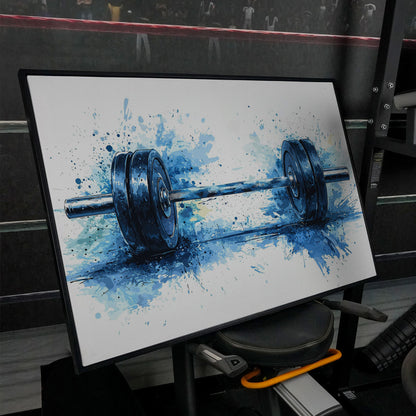 Motivational Workout Barbell Canvas Print in Crimson and Gold in black floating frame