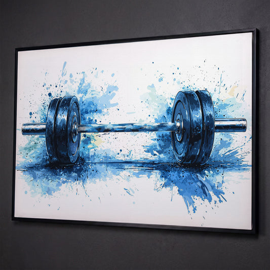 Motivational Workout Barbell Canvas Print in Crimson and Gold shown in black floating frame