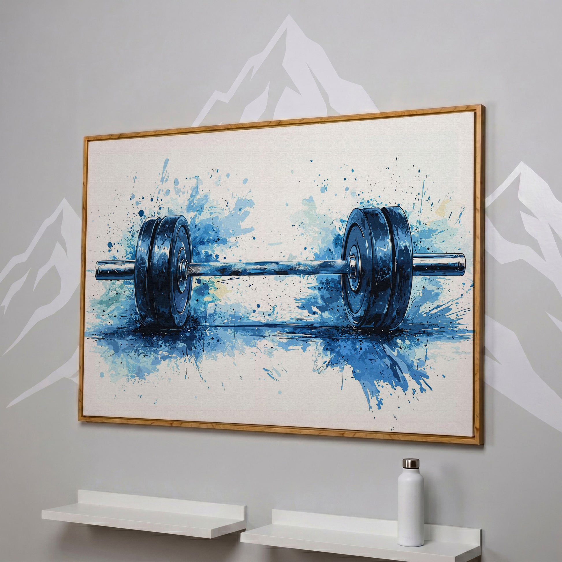 Motivational Workout Barbell Canvas Print in Crimson and Gold in white oak floating frame