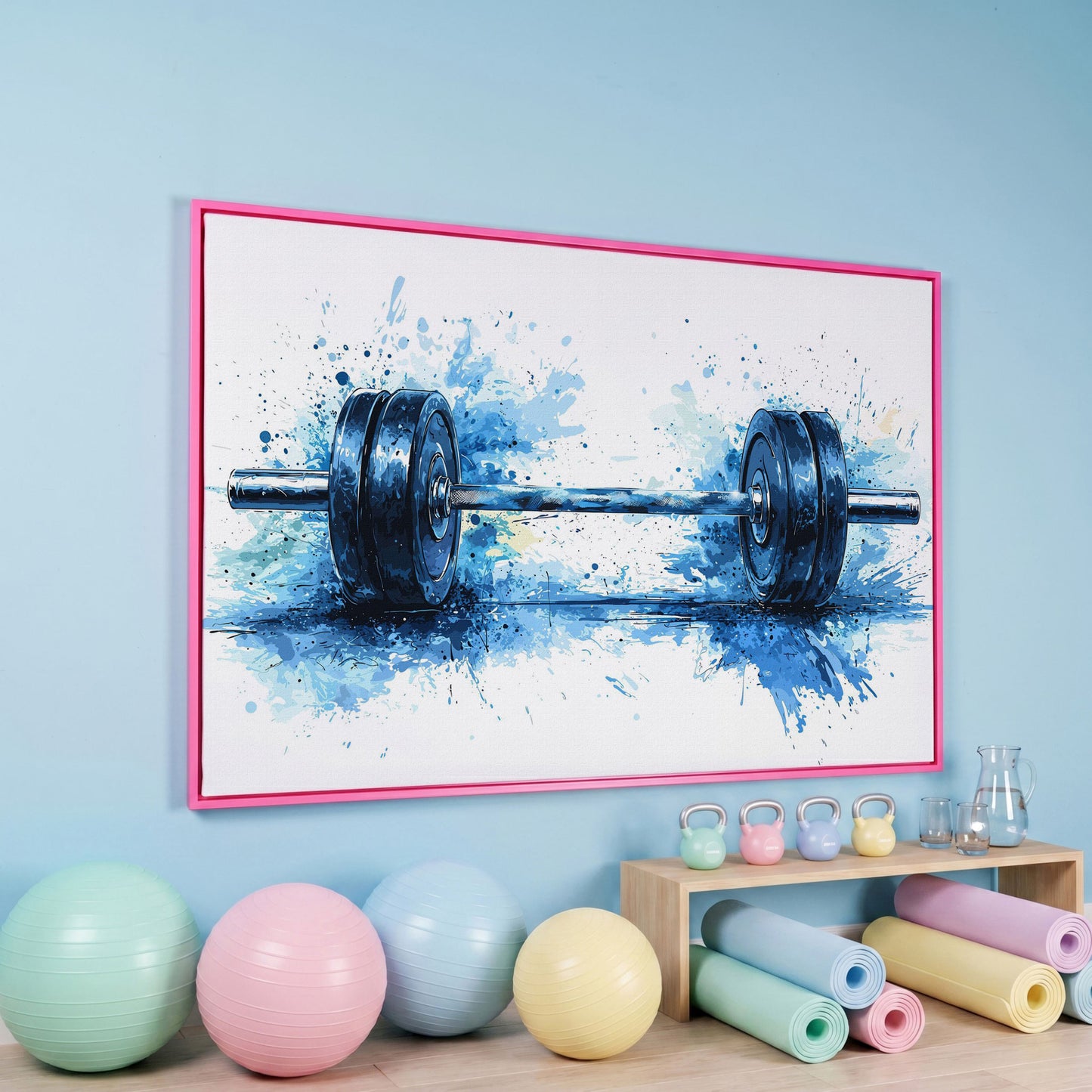 Motivational Workout Barbell Canvas Print in Crimson and Gold in pink floating frame