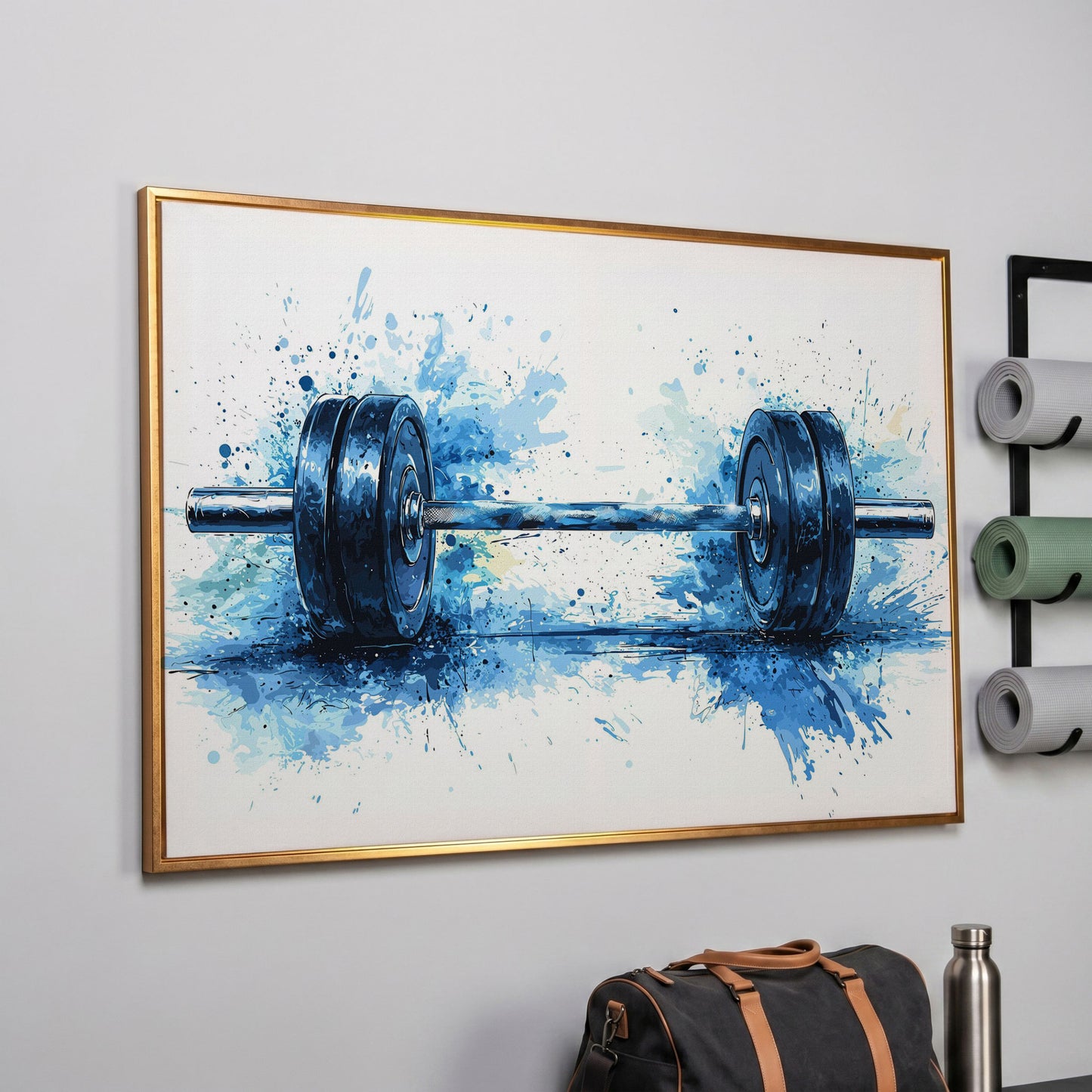 Motivational Workout Barbell Canvas Print in Crimson and Gold in rose gold floating frame