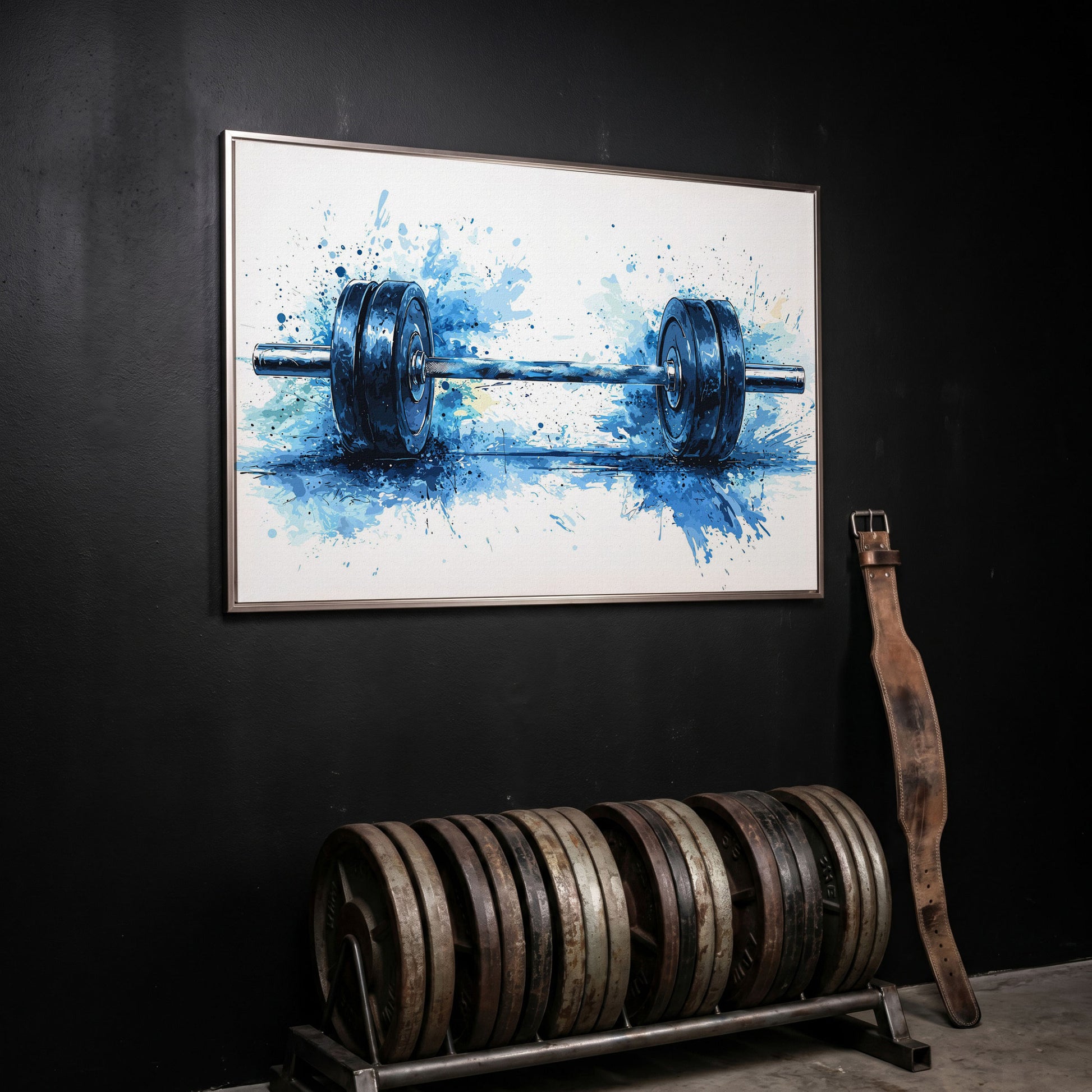 Motivational Workout Barbell Canvas Print in Crimson and Gold in silver floating frame