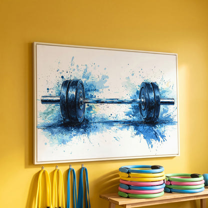 Motivational Workout Barbell Canvas Print in Crimson and Gold in white floating frame