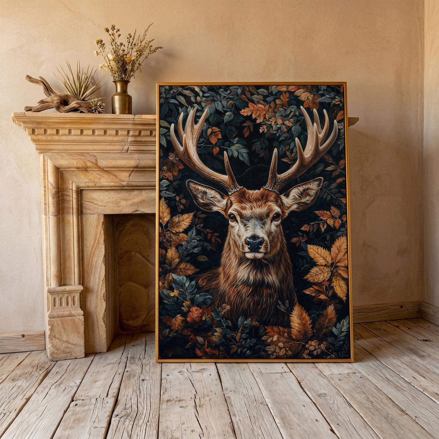 Majestic Deer in Autumn Forest Canvas Print in antique gold floating frame