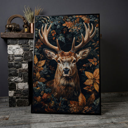 Majestic Deer in Autumn Forest Canvas Print in black floating frame