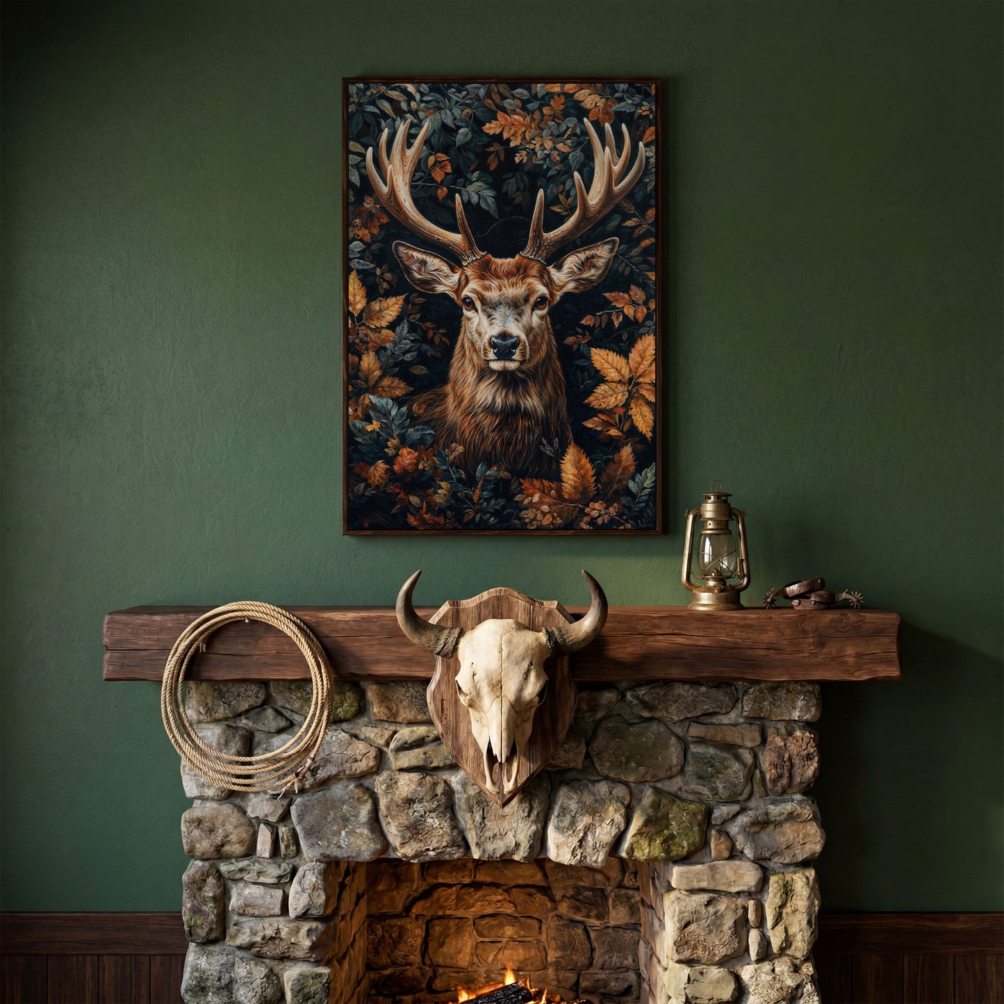 Majestic Deer in Autumn Forest Canvas Print in dark walnut floating frame