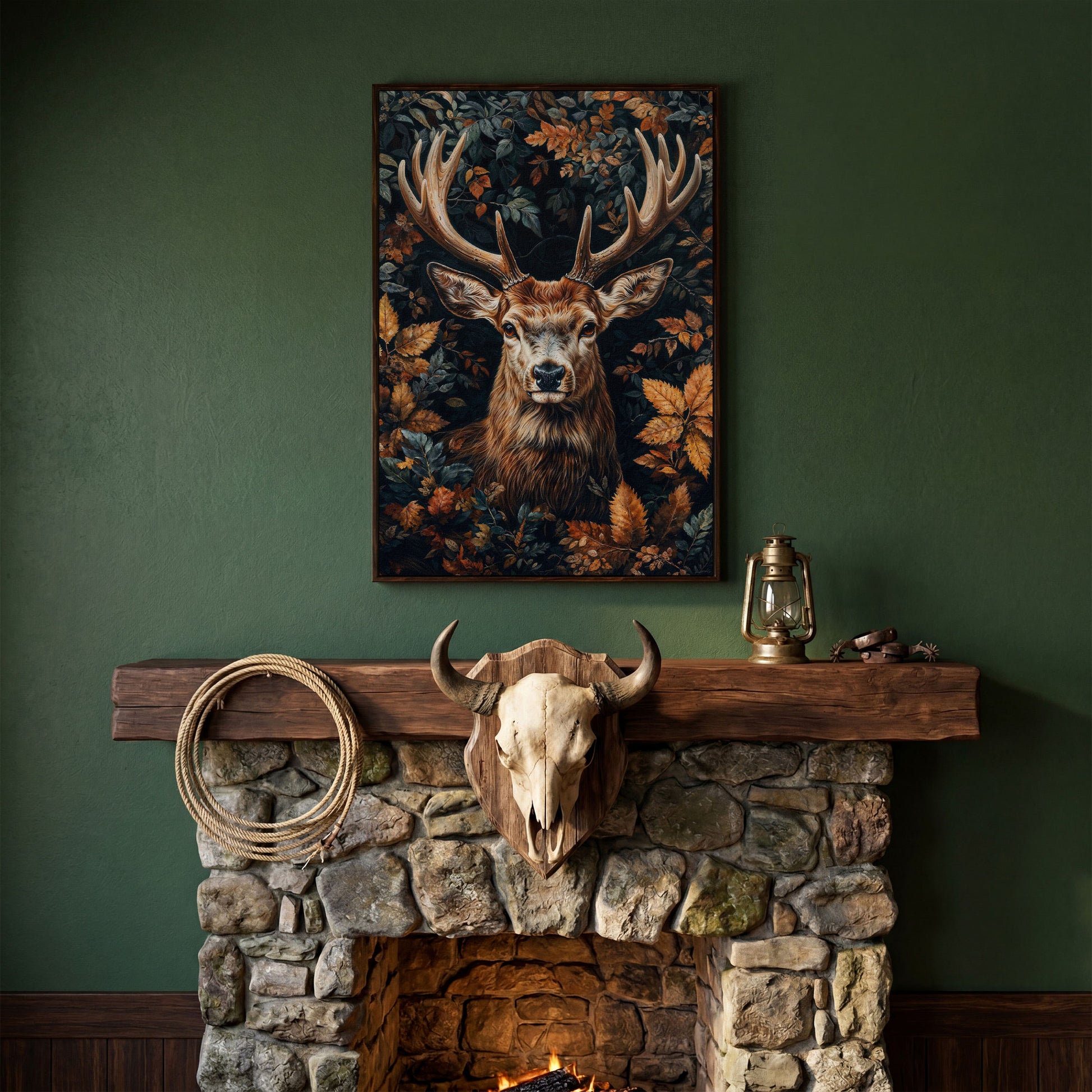 Majestic Deer in Autumn Forest Canvas Print in dark walnut floating frame