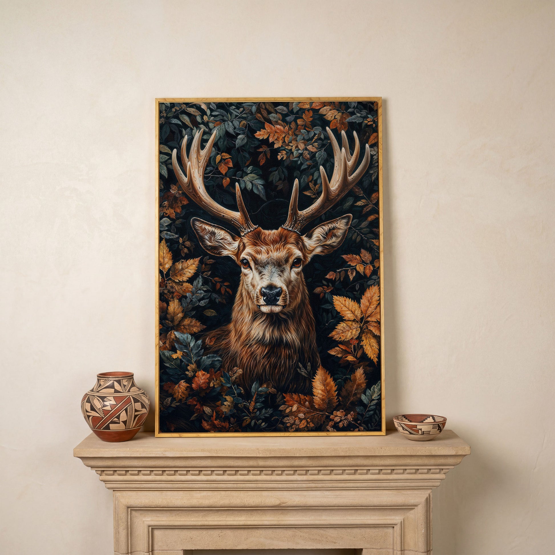 Majestic Deer in Autumn Forest Canvas Print in white oak floating frame