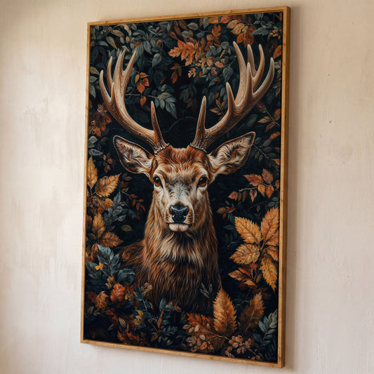 Majestic Deer in Autumn Forest Canvas Print shown in white oak floating frame