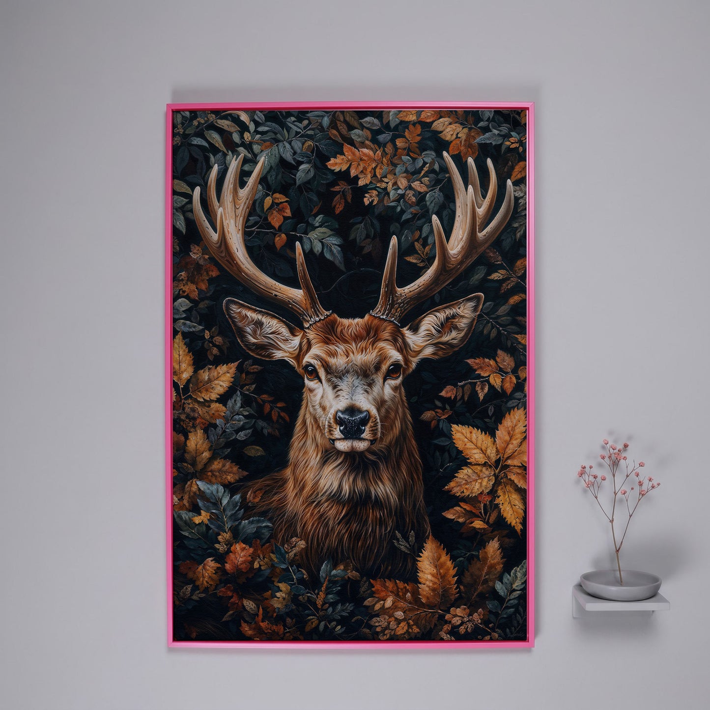 Majestic Deer in Autumn Forest Canvas Print in pink floating frame