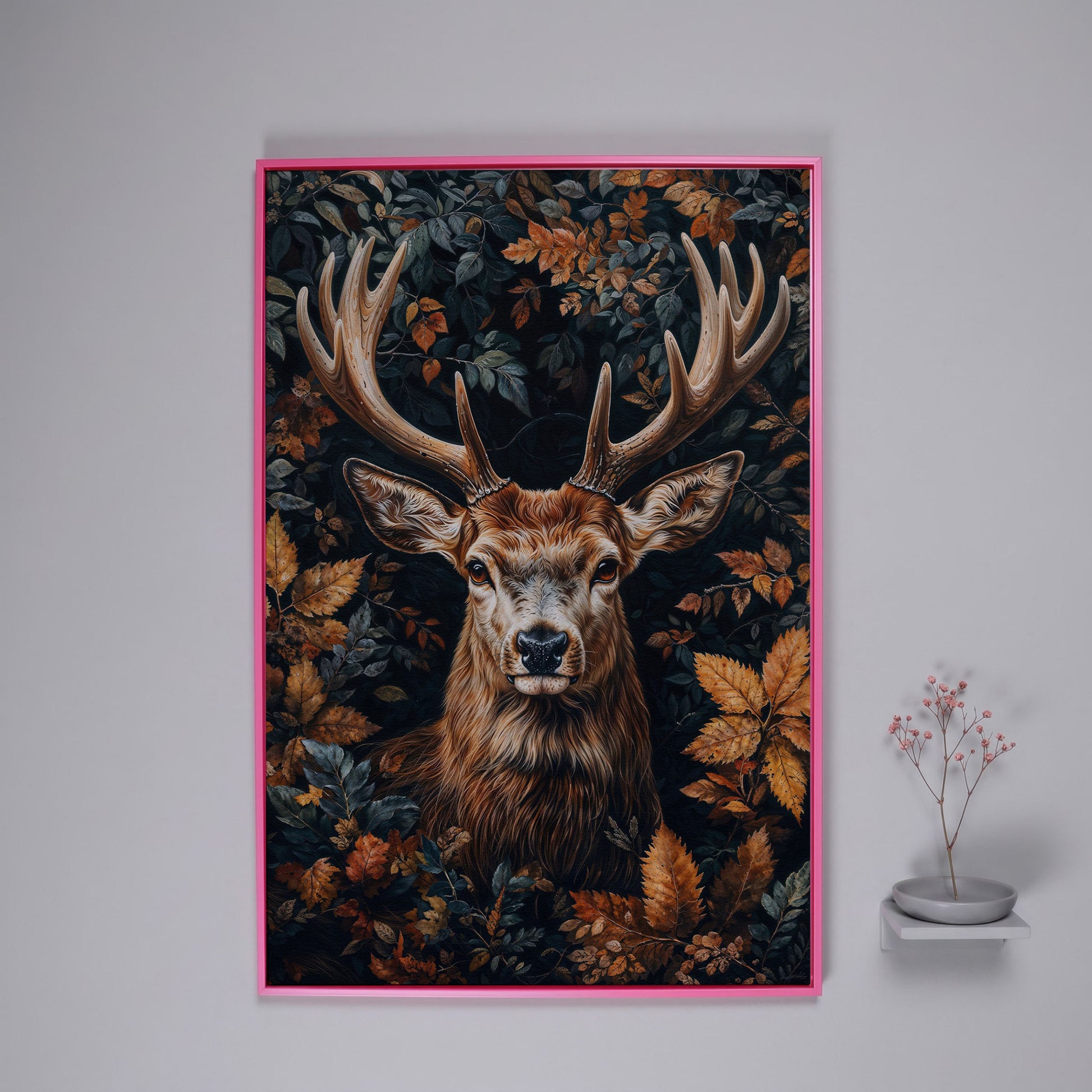 Majestic Deer in Autumn Forest Canvas Print in pink floating frame