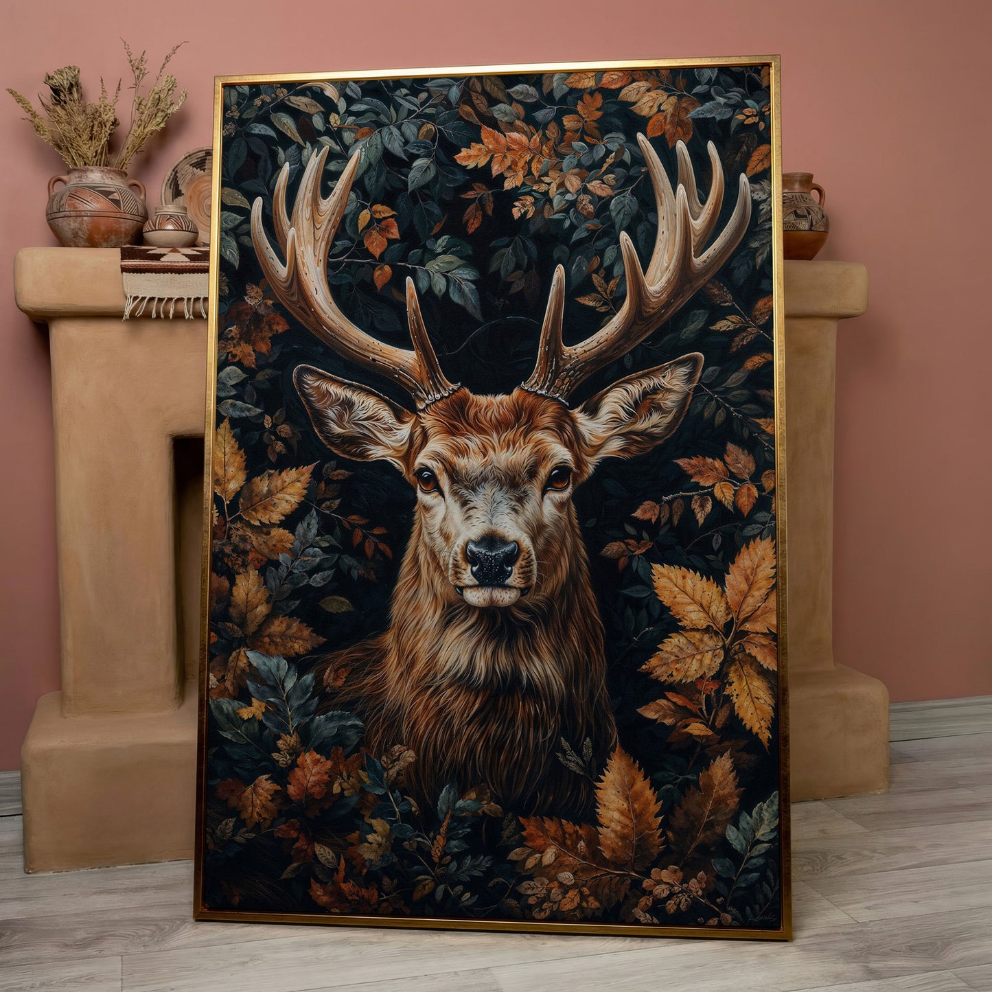 Majestic Deer in Autumn Forest Canvas Print in rose gold floating frame
