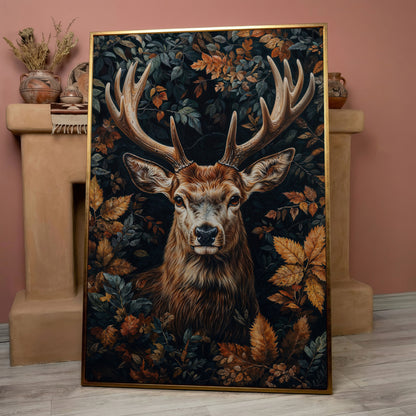 Majestic Deer in Autumn Forest Canvas Print in rose gold floating frame
