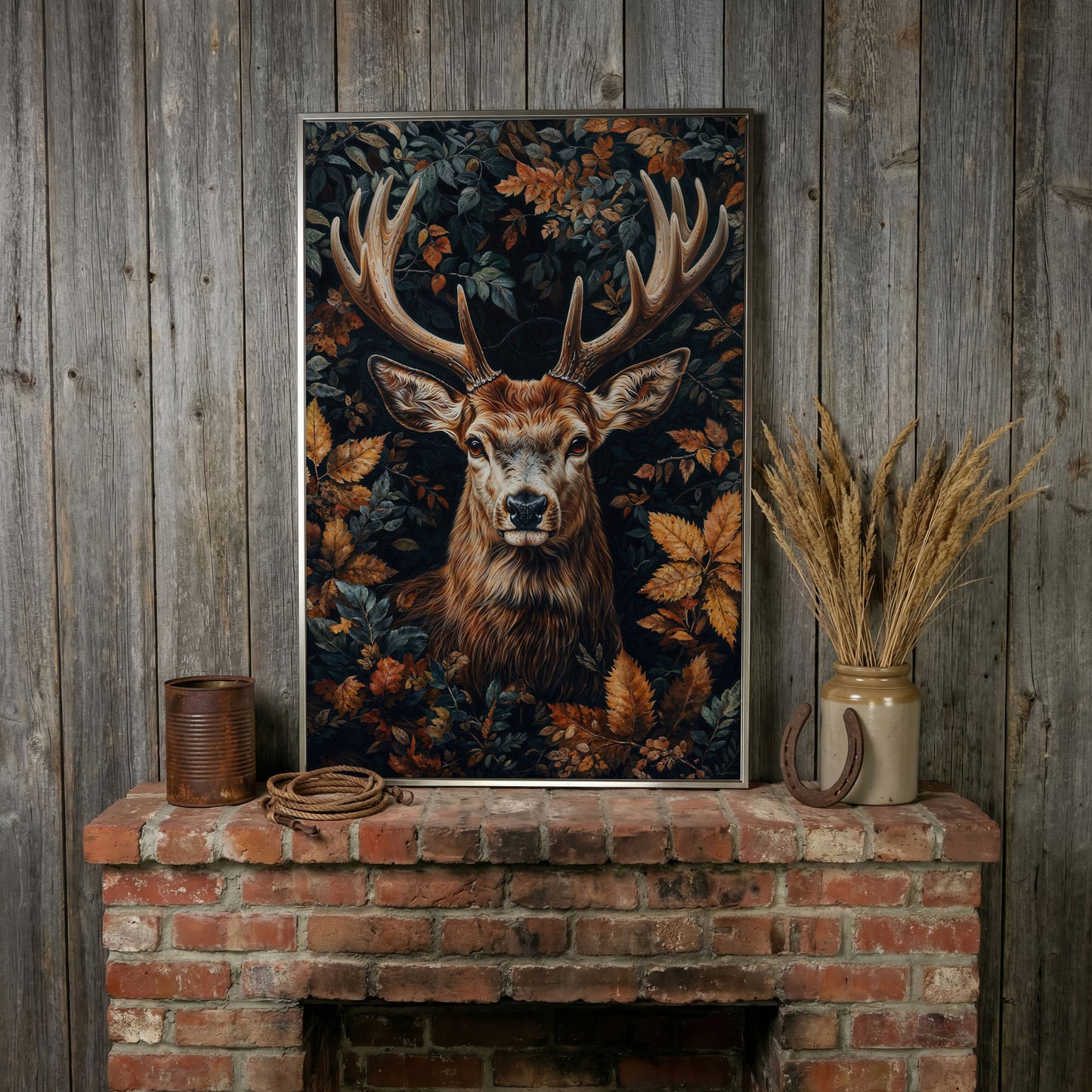 Majestic Deer in Autumn Forest Canvas Print in silver floating frame