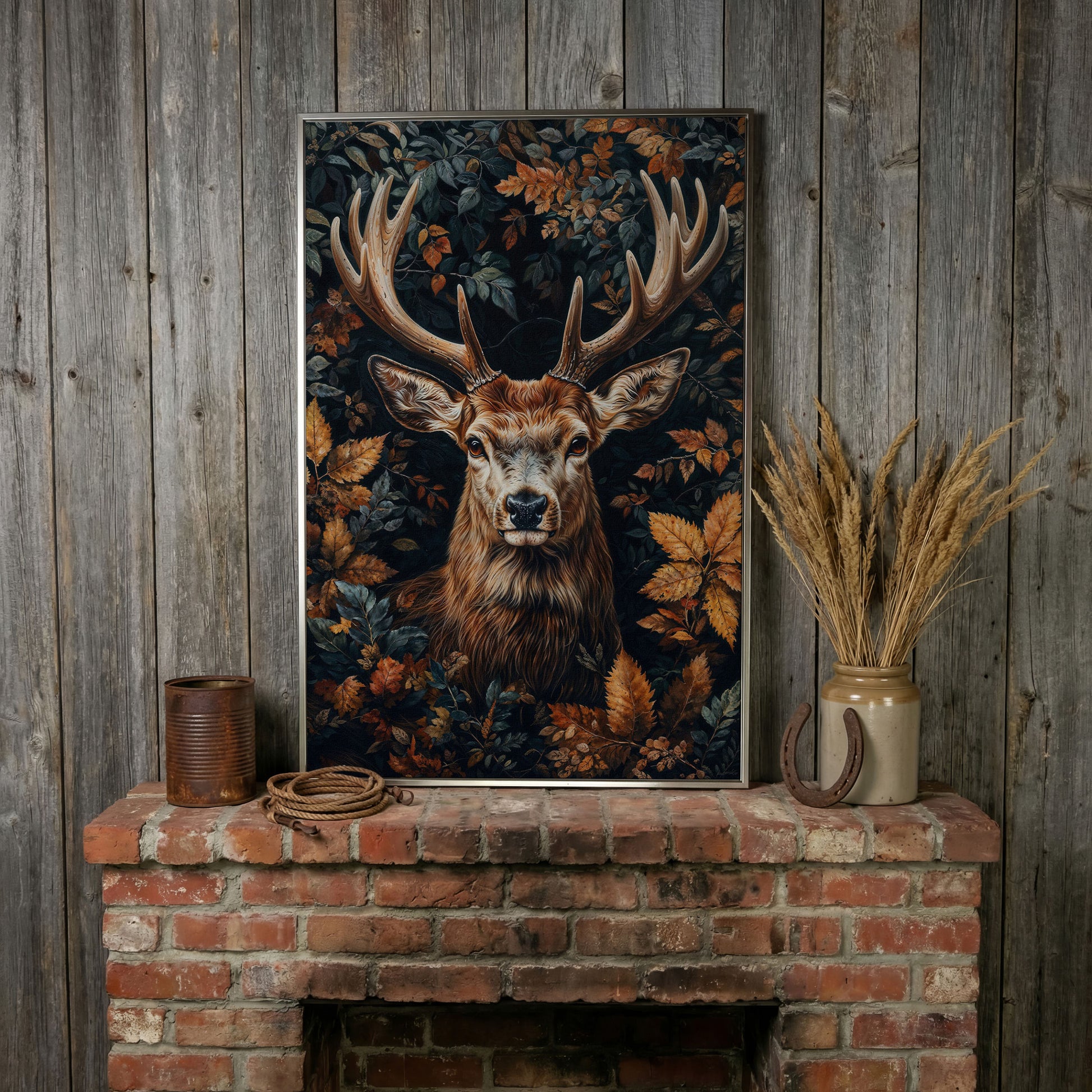 Majestic Deer in Autumn Forest Canvas Print in silver floating frame