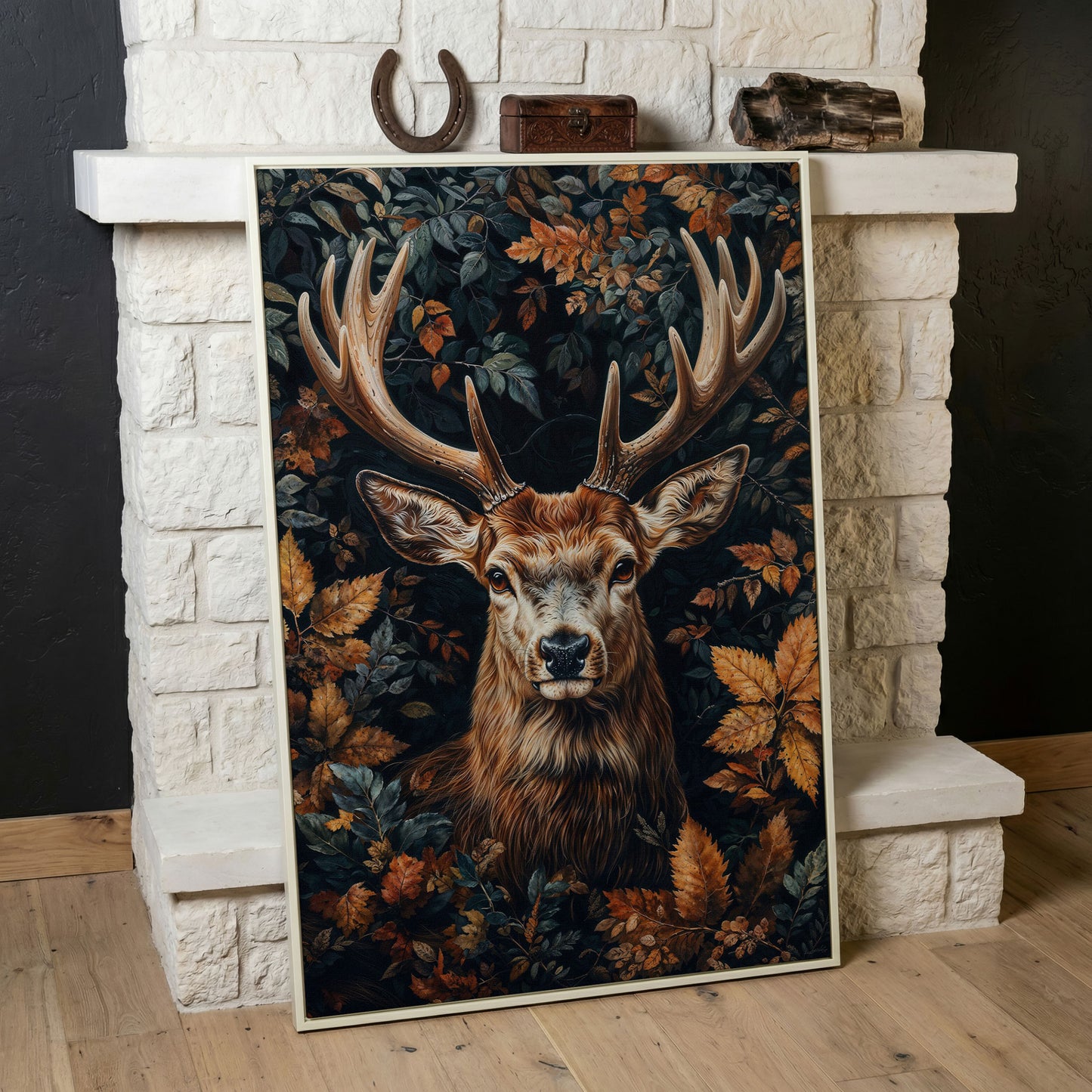 Majestic Deer in Autumn Forest Canvas Print in white floating frame