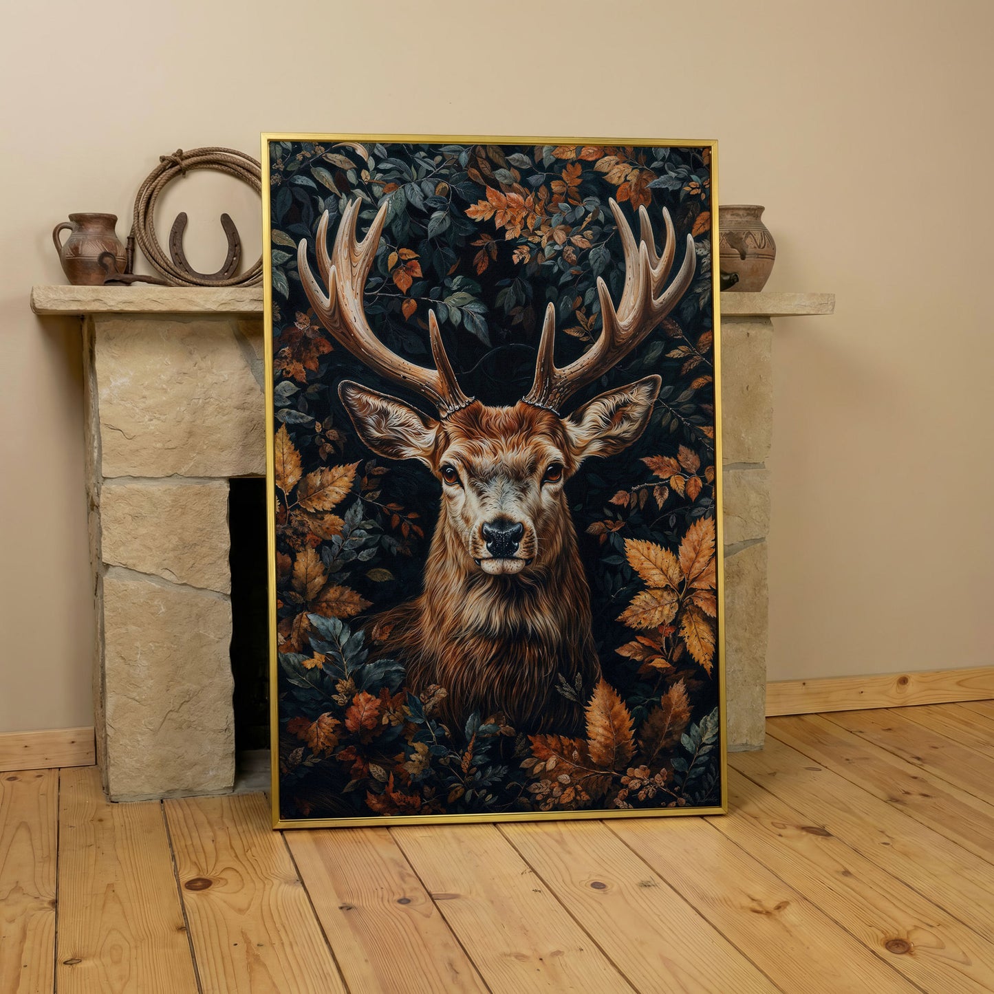Majestic Deer in Autumn Forest Canvas Print in yellow gold floating frame