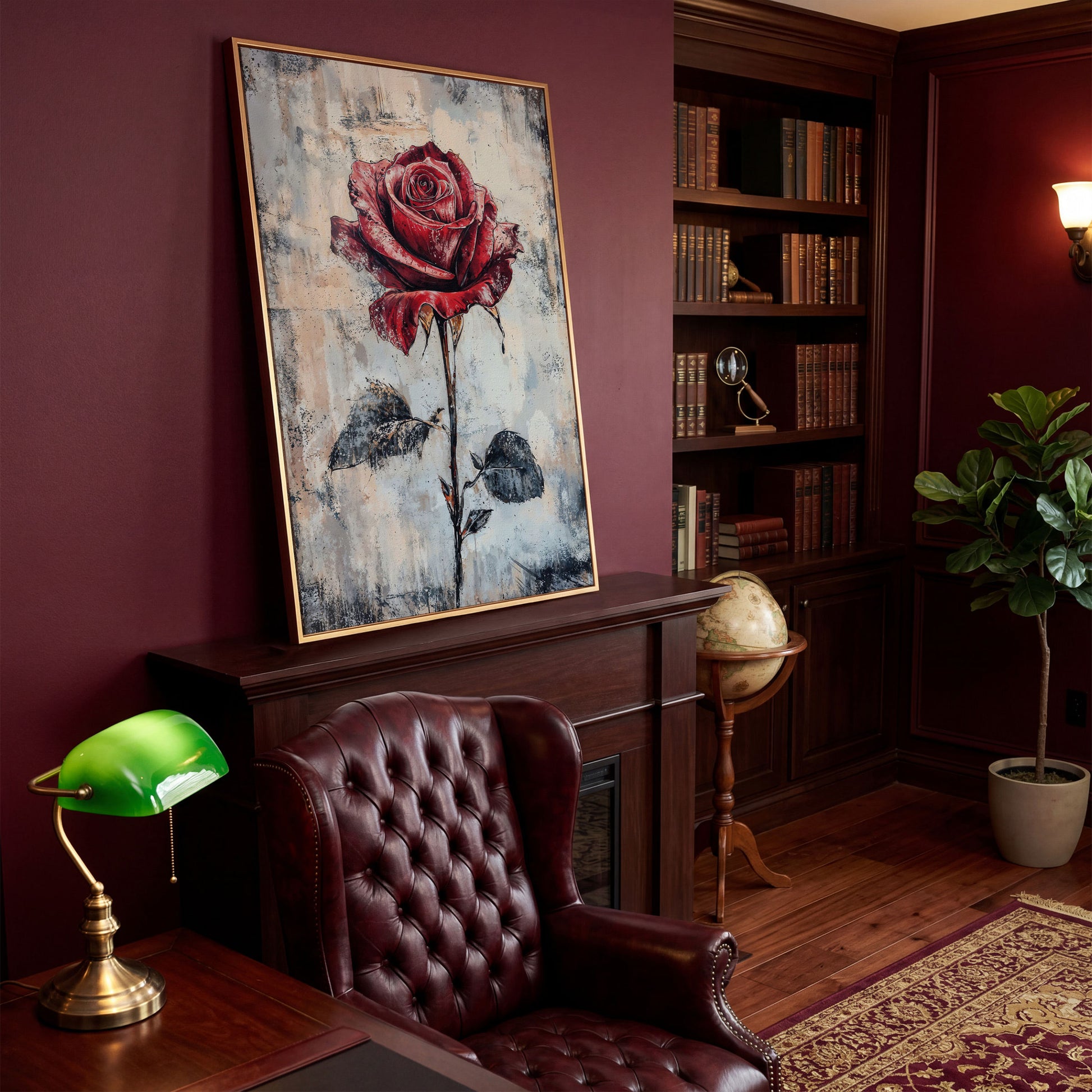Red Rose Canvas Print with Textured Taupe Background in antique gold floating frame