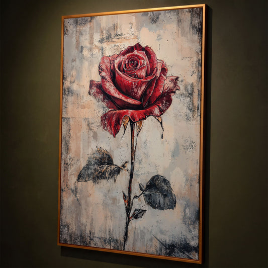 Red Rose Canvas Print with Textured Taupe Background shown in antique gold floating frame