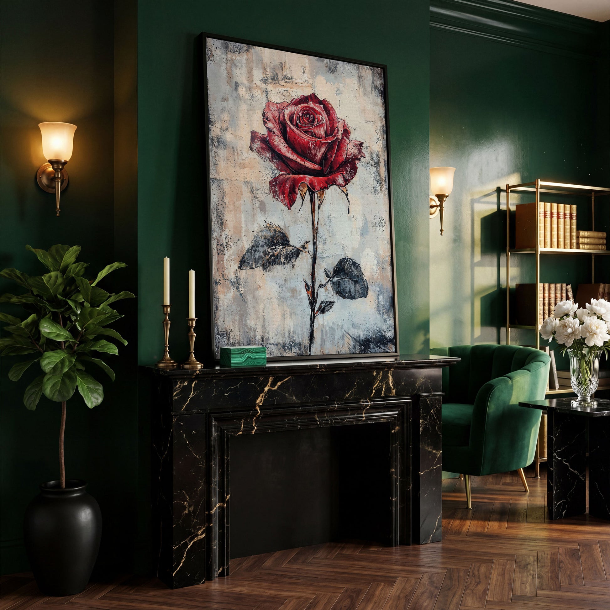 Red Rose Canvas Print with Textured Taupe Background in black floating frame