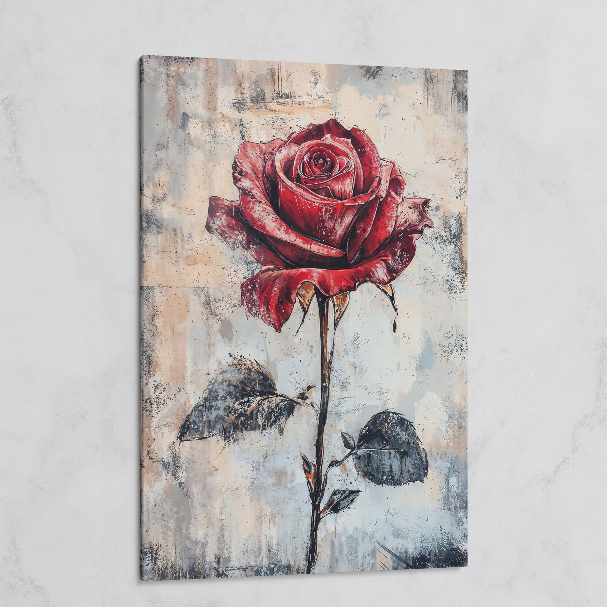 Red Rose Canvas Print with Textured Taupe Background on gallery wrap