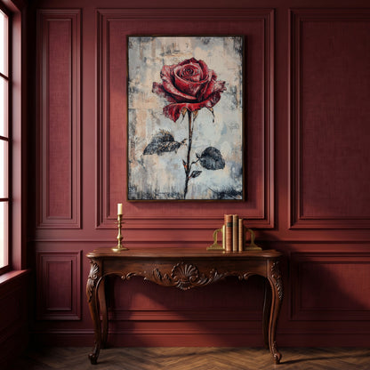 Red Rose Canvas Print with Textured Taupe Background in dark walnut floating frame