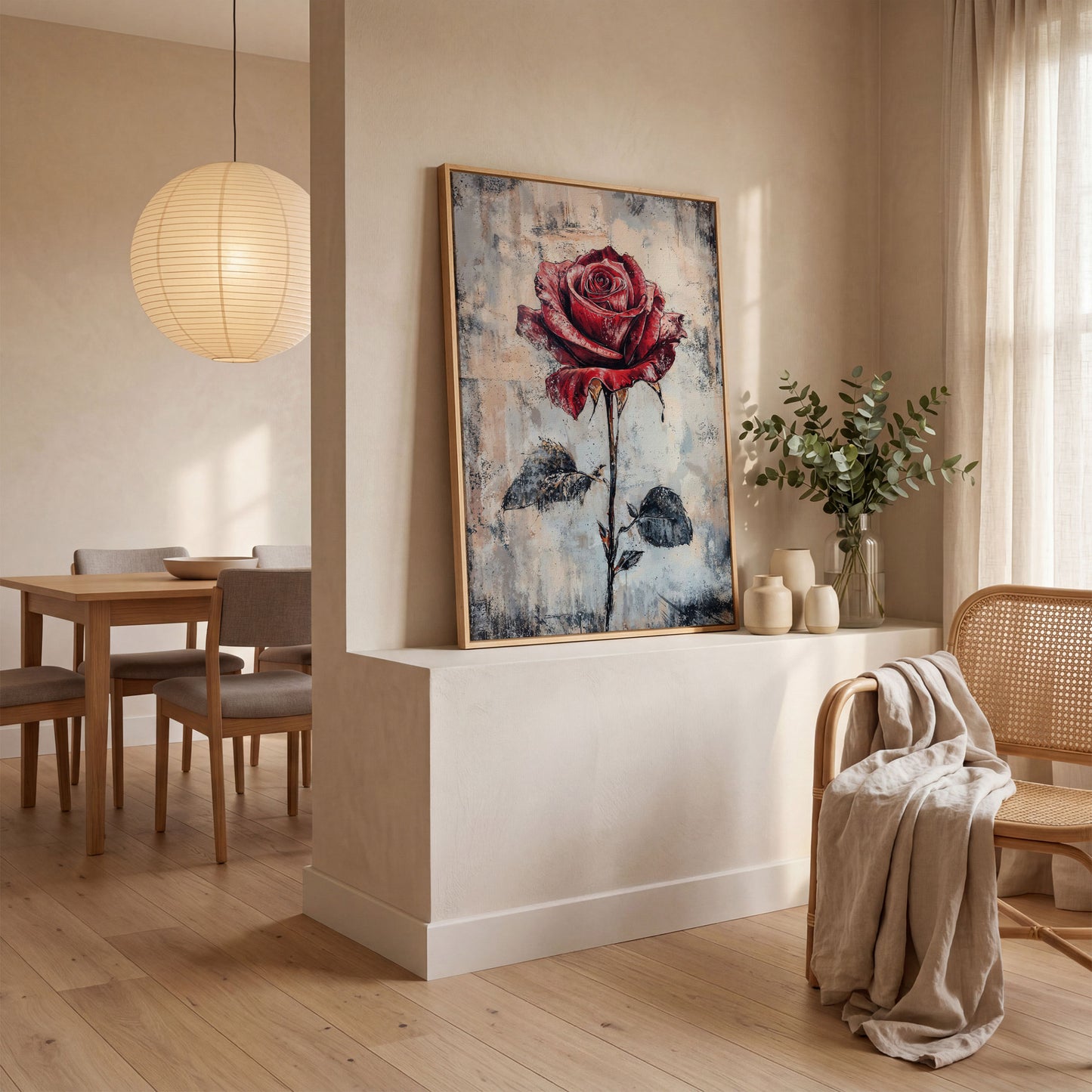 Red Rose Canvas Print with Textured Taupe Background in white oak floating frame