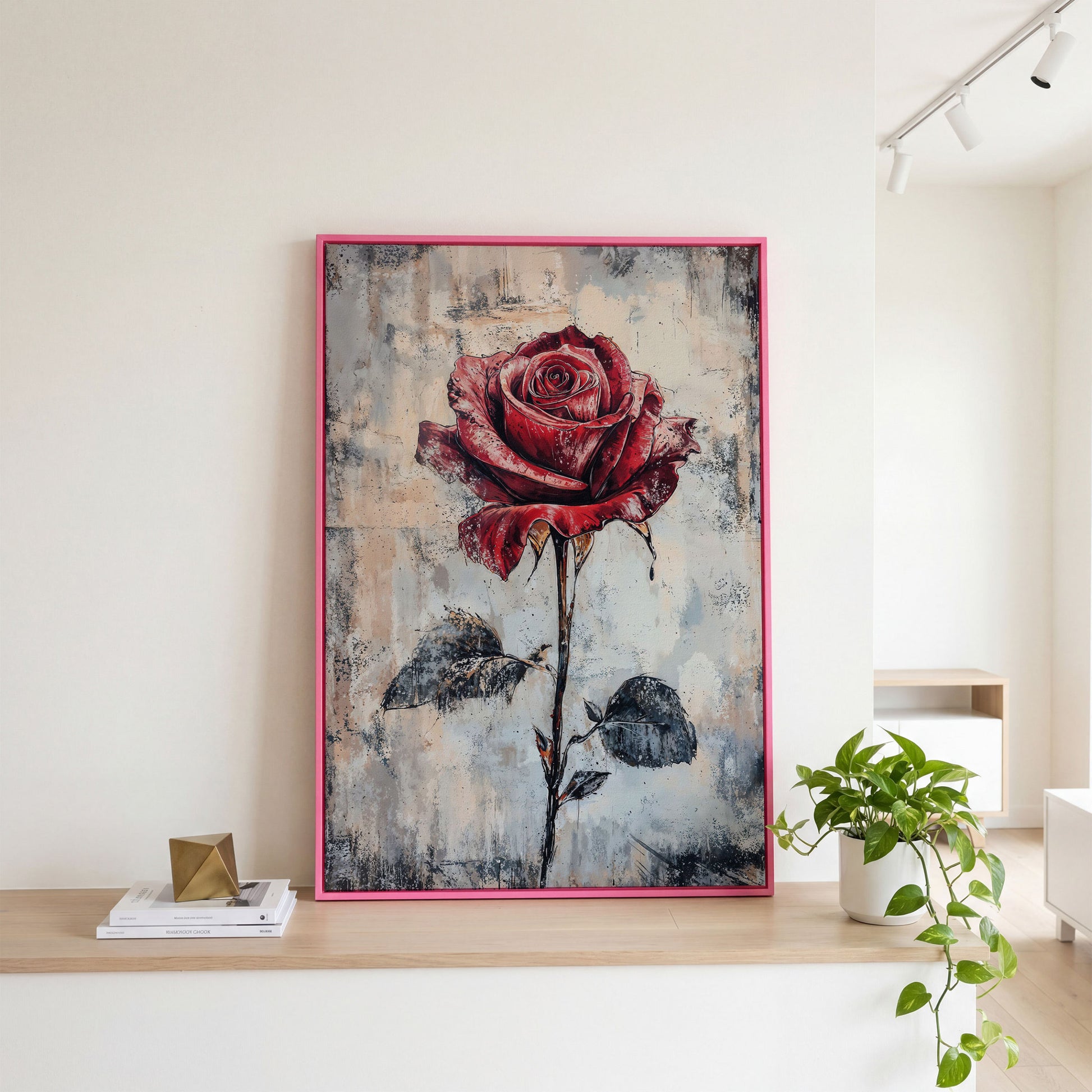 Red Rose Canvas Print with Textured Taupe Background in pink floating frame